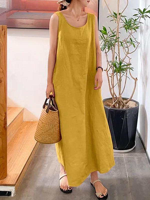 Women's Summer Cotton Linen Sleeveless Vest Dress - Casual, Loose-Fit, Solid Color