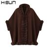 Damen Gestrickter Poncho Schal Mit Kunst Rex Kaninchenfellbesatz Warm Street Style Umhang Herbst Winter