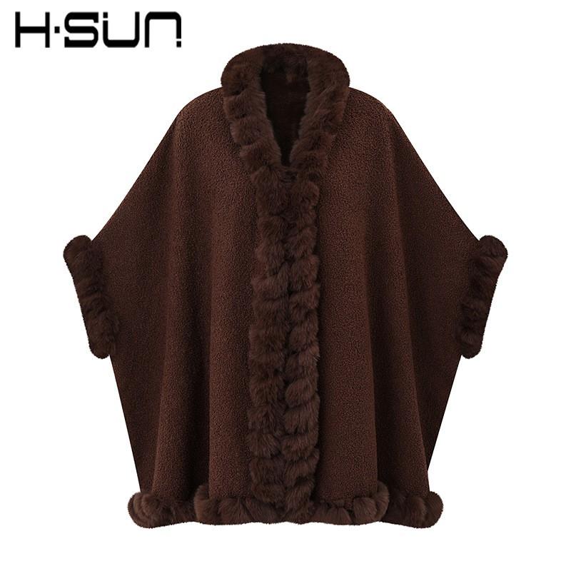 Damen Gestrickter Poncho Schal Mit Kunst Rex Kaninchenfellbesatz Warm Street Style Umhang Herbst Winter