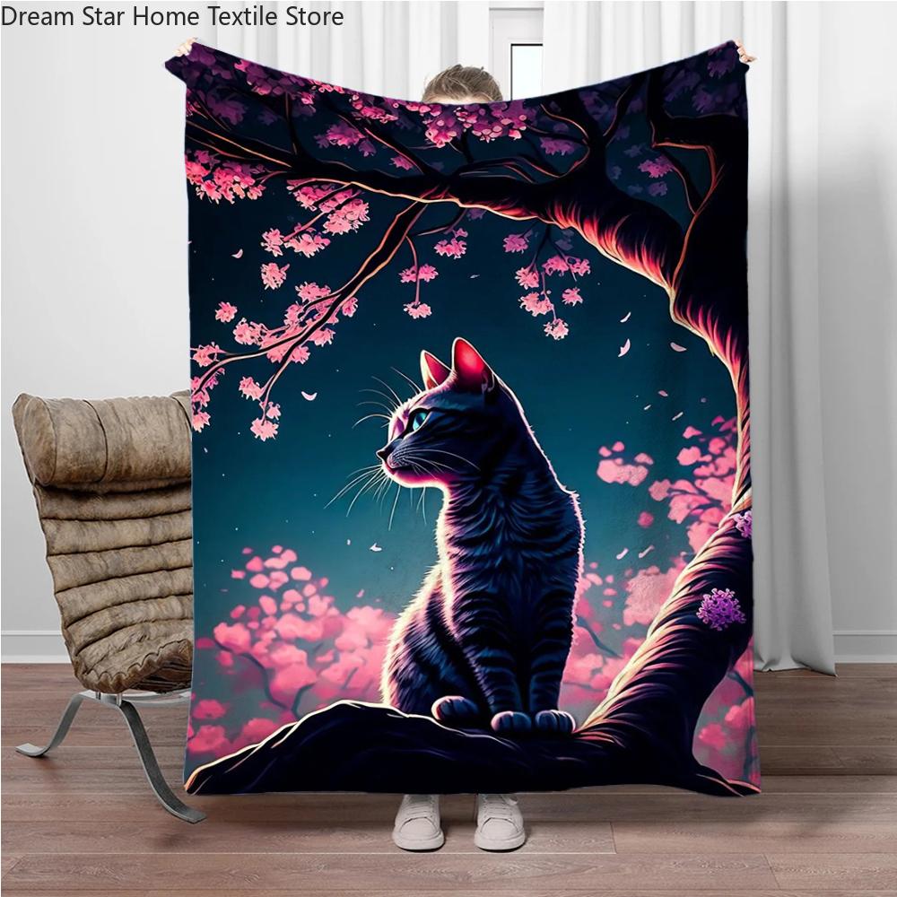Cats Cherry Blossom Flannel Blanket Children Warm Soft Blanket for Sofa Bed Cover Blanket Suitable for Birthday Souvenir Gifts