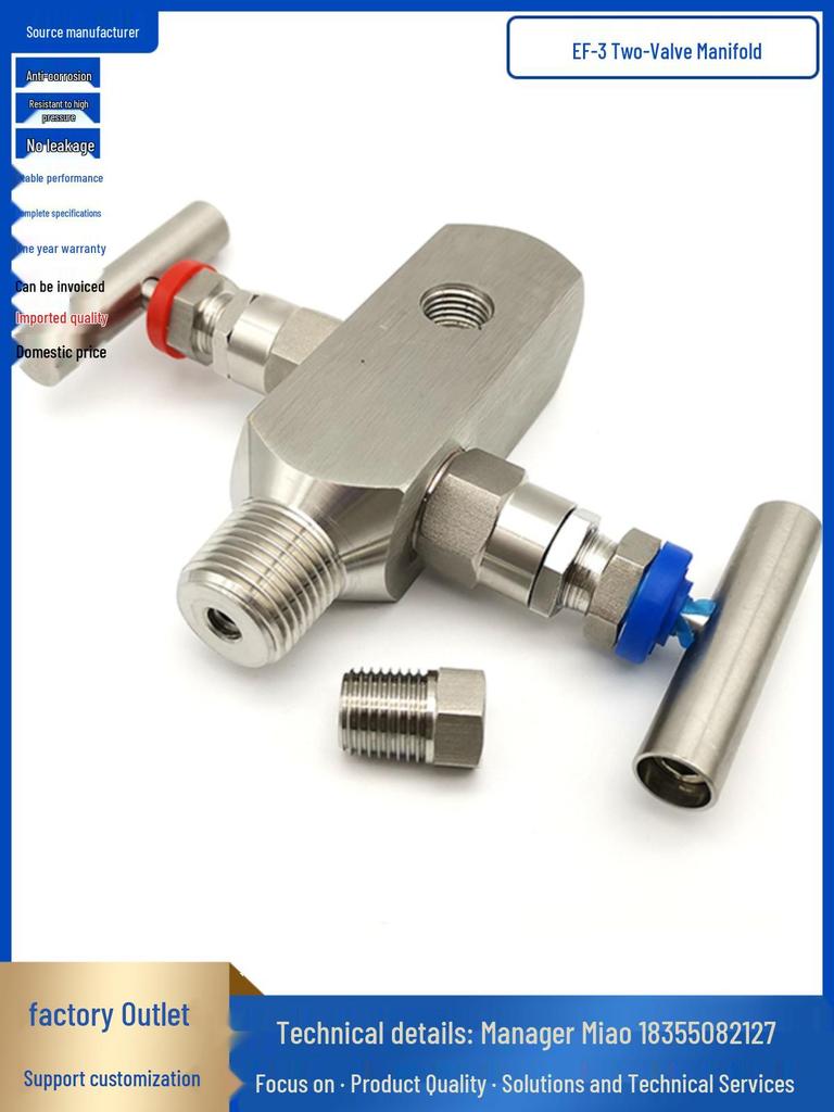 EF-3 Stainless Steel Integrated Two-Valve Manifold with Pressure Gauge and Double Thread.