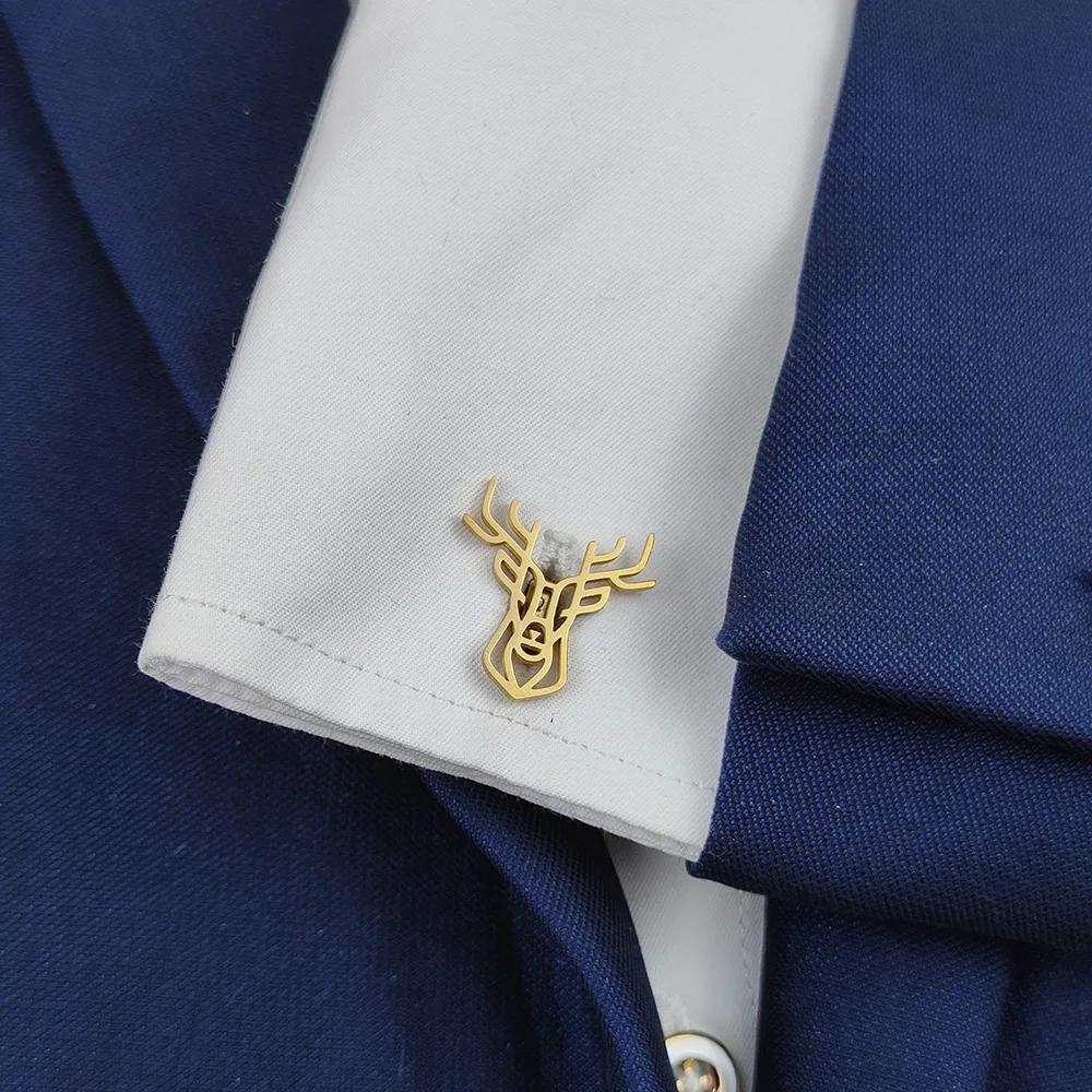 Golden Deer Head Design Cufflinks, Elegant Stainless Steel Animal Cuffs for Men and Women, Jacket Back Packaging Accessories.
