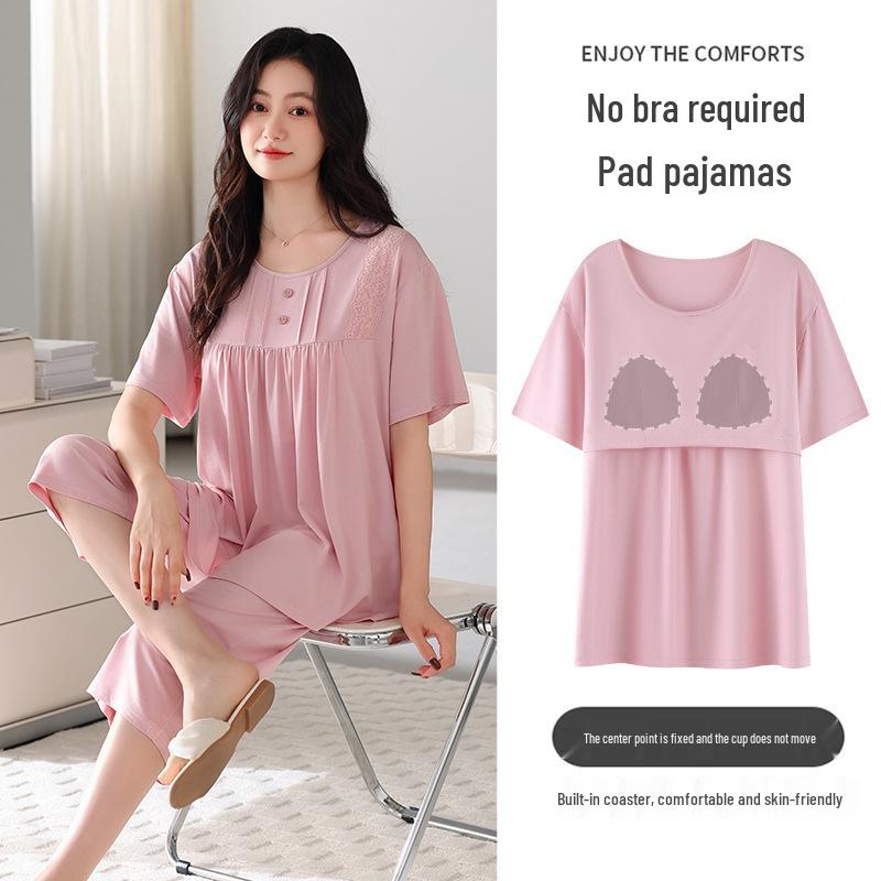 

Женский комплект с коротким рукавом и капри с нагрудной подкладкой - Легкая летняя домашняя одежда L (55-60 kg)