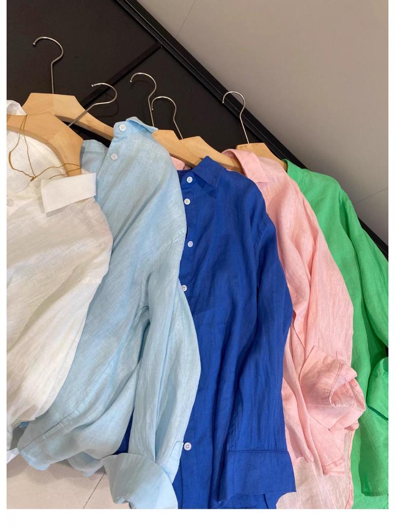 Hochwertiges Französisches Weißes Baumwoll-Leinenhemd für Damen – Sommer Lockerer Schnitt, Langarm, Sonnenschutz, Old Money Stil.