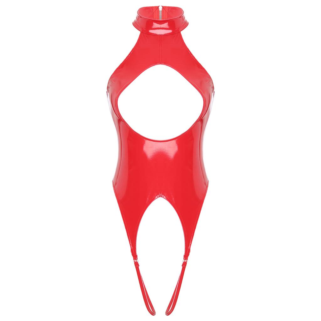Women Latex Clubwear Nightclub Pole Dance Costume Cutout Front Crotchless Bodysuit Halter Backless Jumpsuit
