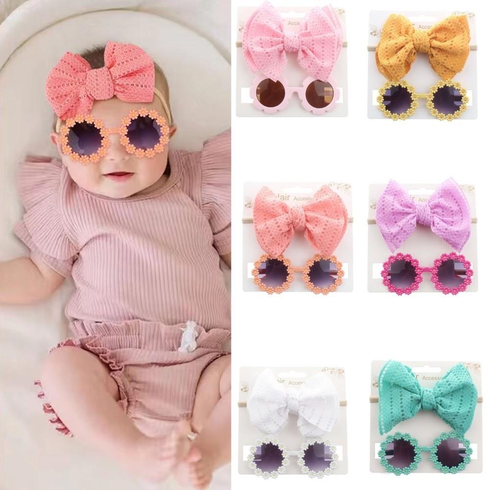 2Pcs/Set Soft Elastic Children Bowknot Headband Cotton Wide Baby Bows Turban Solid Color Kids Sunglasses Set Photography Prop