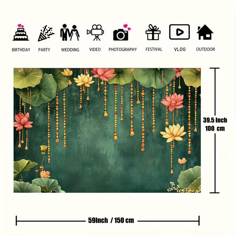 2D Deep Green Lotus Garland Backdrop, Indian Traditional Pooja Photo Background