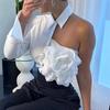 Cămașă și Top cu Design One-Shoulder Revelator, Decorațiune Florală Mare Tridimensională, Haine Versatile la Modă și Elegante