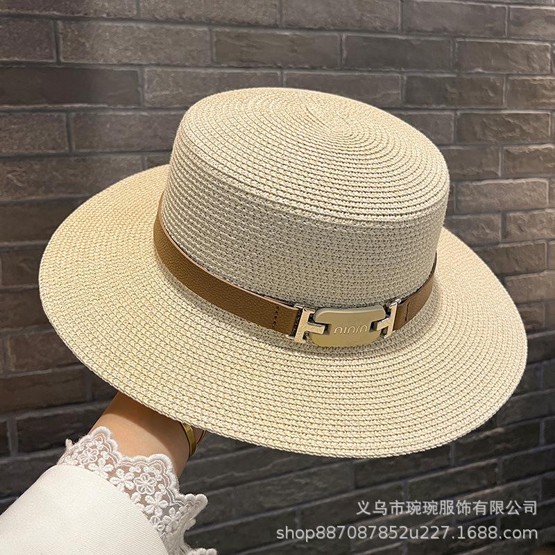 French retro straw hat women's sunshade sunscreen summer hat sun hat belt buckle outdoor woven Hepburn top hat