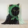 Chic Black Cat with Green Headscarf Flannel Blanket Warm Soft Halloween Christmas Couch Warm Cozy Decorative for All Season