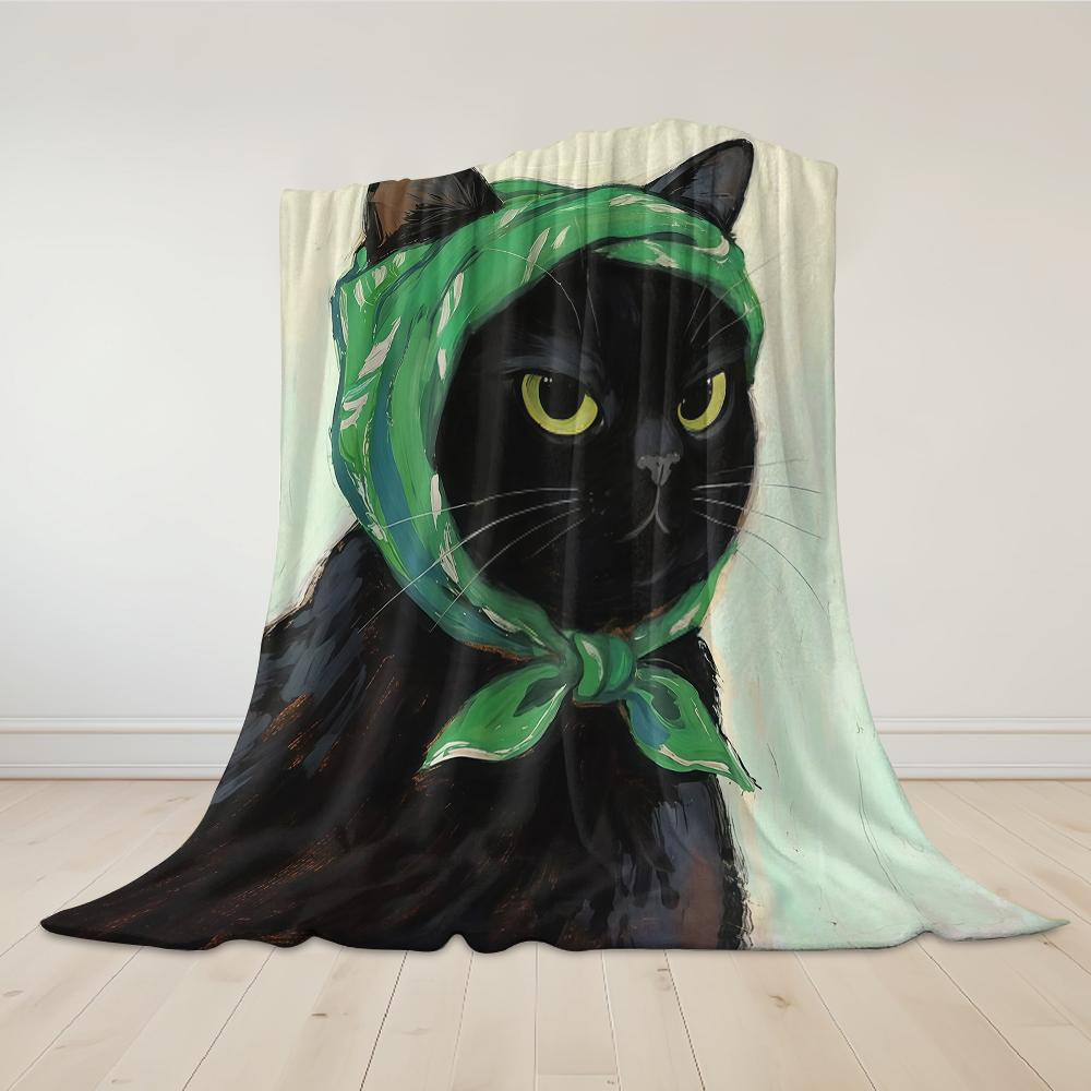 Chic Black Cat with Green Headscarf Flannel Blanket Warm Soft Halloween Christmas Couch Warm Cozy Decorative for All Season