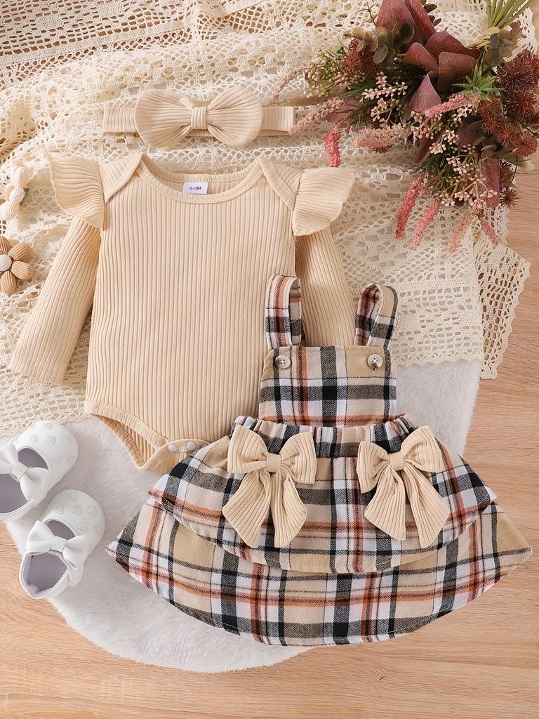 Baby Mädchen Kleidung Neugeborenes Säugling Langarm Jumpsuit mit Stirnband Outfit Set 3tlg Schleife Herbst Winter 0-18 Monate, für Draußen