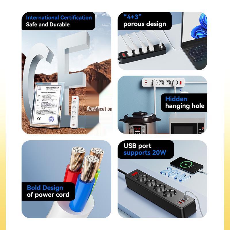 2500W European Power Strip with Switch, Lightning & Surge Protection, German Standard Socket