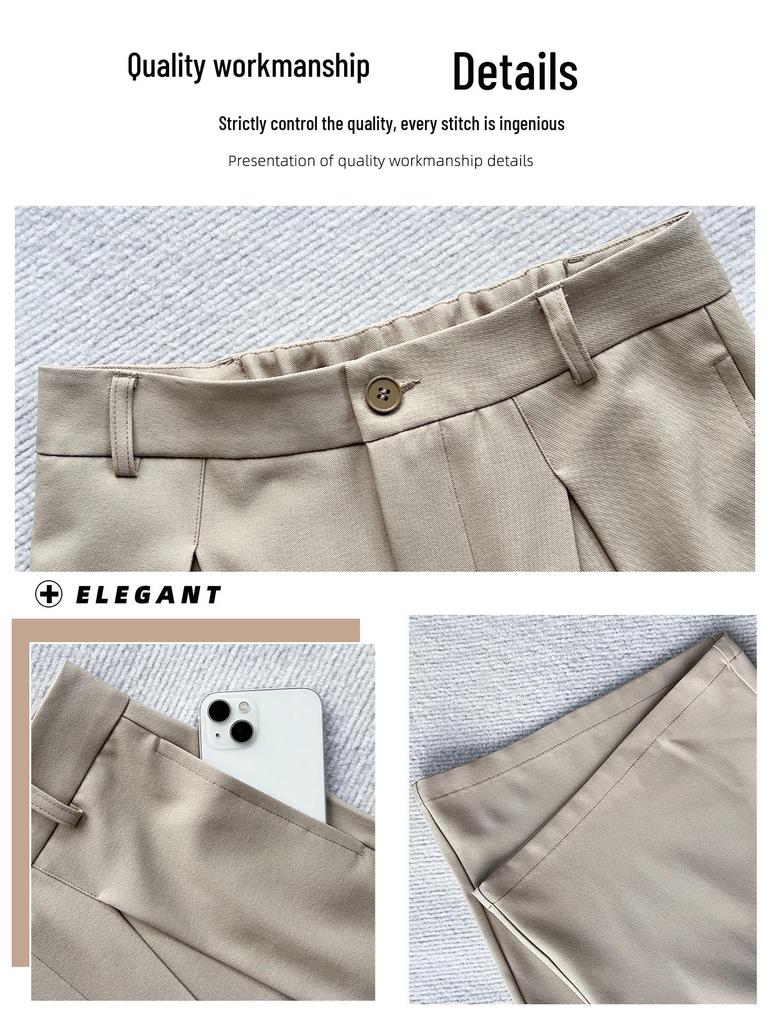 Women's Khaki High-Quality Straight-Leg Drape Suit Pants - Spring 2026 Style