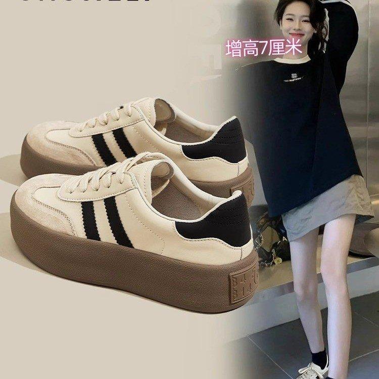 Small 7cm Thick-soled Inner Height-increasing German Training Shoes for Women's 2025 Season New Casual Sports Lace-up Leather Board Shoes