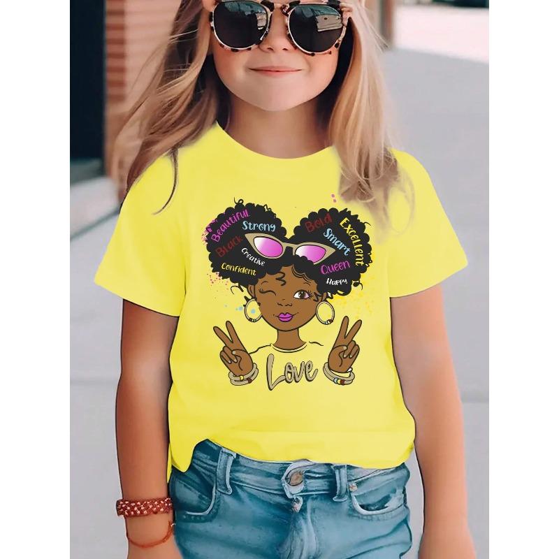 Summer Fashion Girls' Short Sleeve T-Shirt with Afro Black Girl Print, Casual Versatile Top