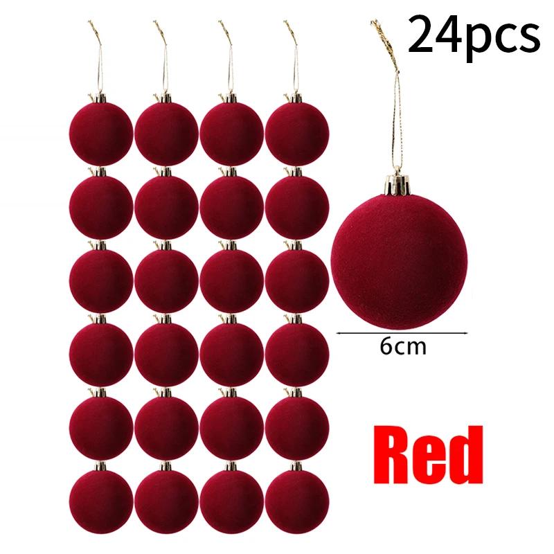 12/24pcs Christmas Decorative Ball 6cm Vintage Wine Red Velvet Decorative Ball Christmas Ball Pendant Festival Party Decoration