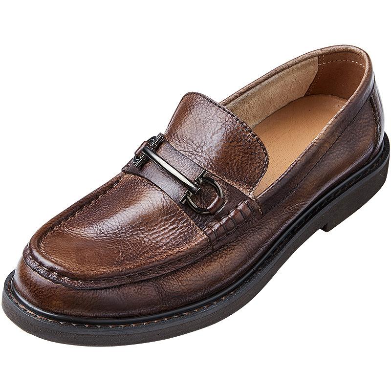 Soft Leather One-Pedal Men'S Shoes Genuine Leather Handmade British Breathable Casual Leather Shoes Men'S Business Beanie Loafers Men Lazy