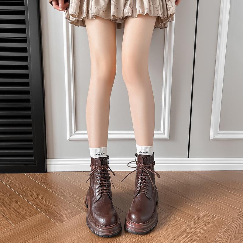 Hand-grabbing Retro Thick-soled Martin Boots Lace-up Short Boots for Women's Spring and Autumn Single Boots Exquisite British Style Thick
