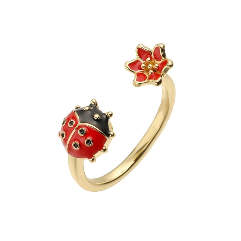 Marienkäfer Ring zum Öffnen Buntes Drip-Glasur Kunstwerk auf Kupfer Leichter Schmuck für Damen Modeaccessoires