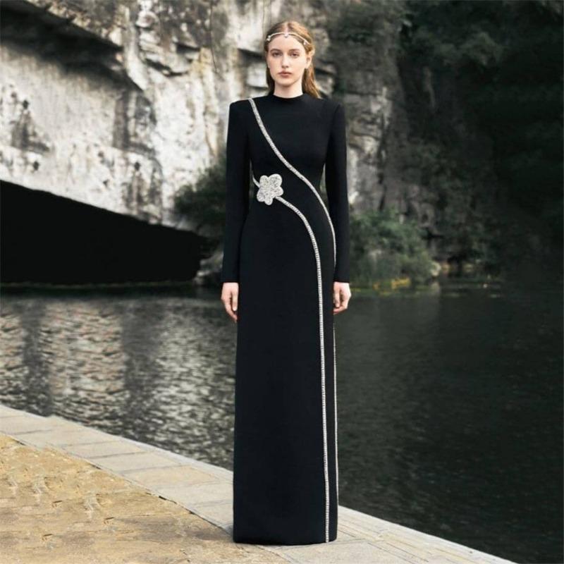 New long sleeve slim slit bandage dress temperament nail bead diamond long skirt dress