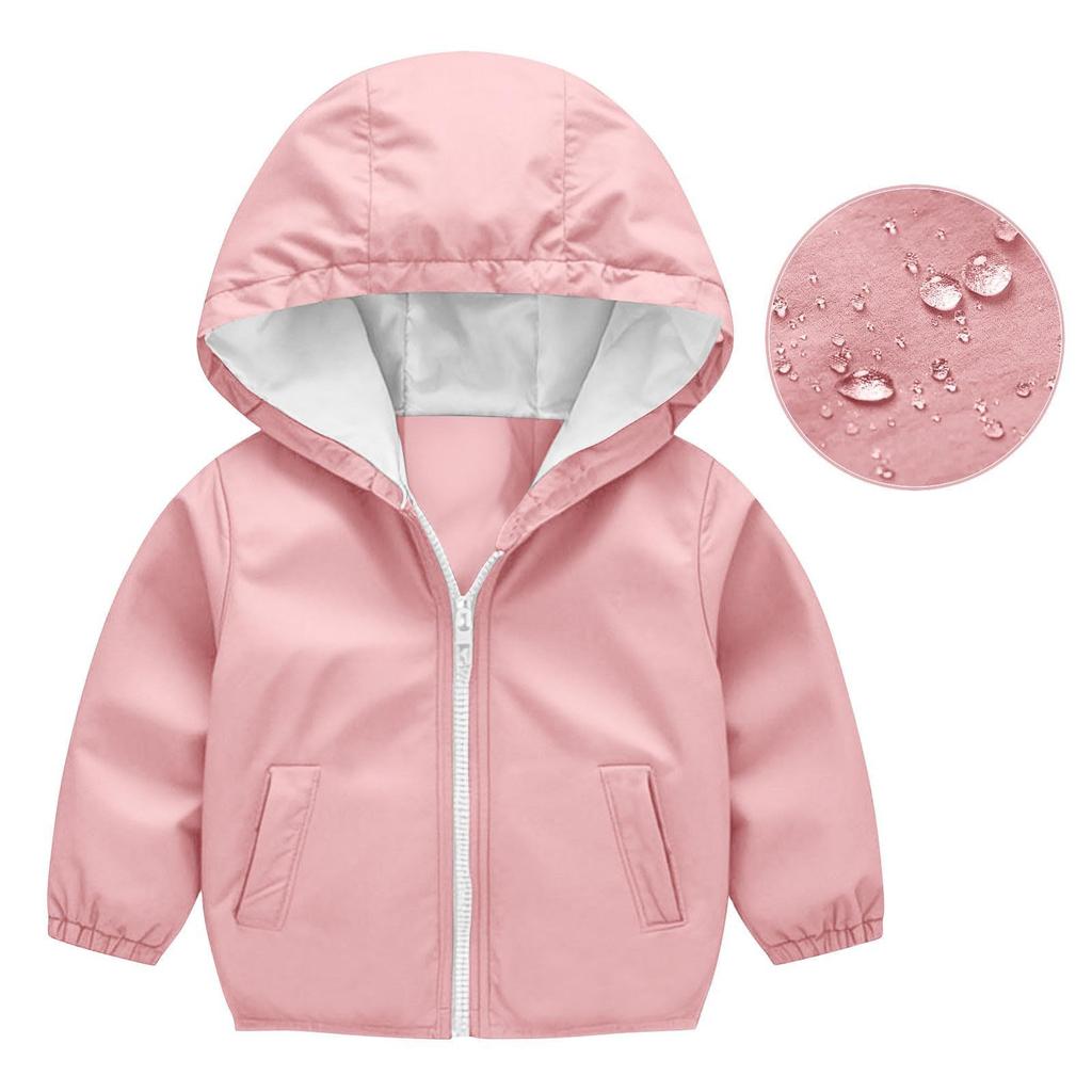 Kinder Mode Einfarbiger Cardigan Jungen- und Mädchen-Wasserdichter Regenmantel mit Kapuze Outdoor Winddichte Reißverschlussjacke