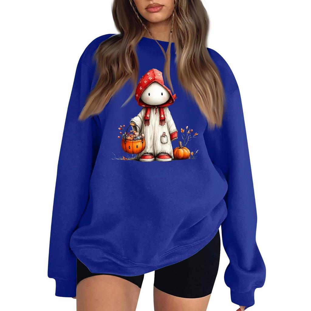 Women's Comfortable Sweatshirt Casual Loose Fit Round Neck Long Sleeve Pullover, Color with Halloween Small Print