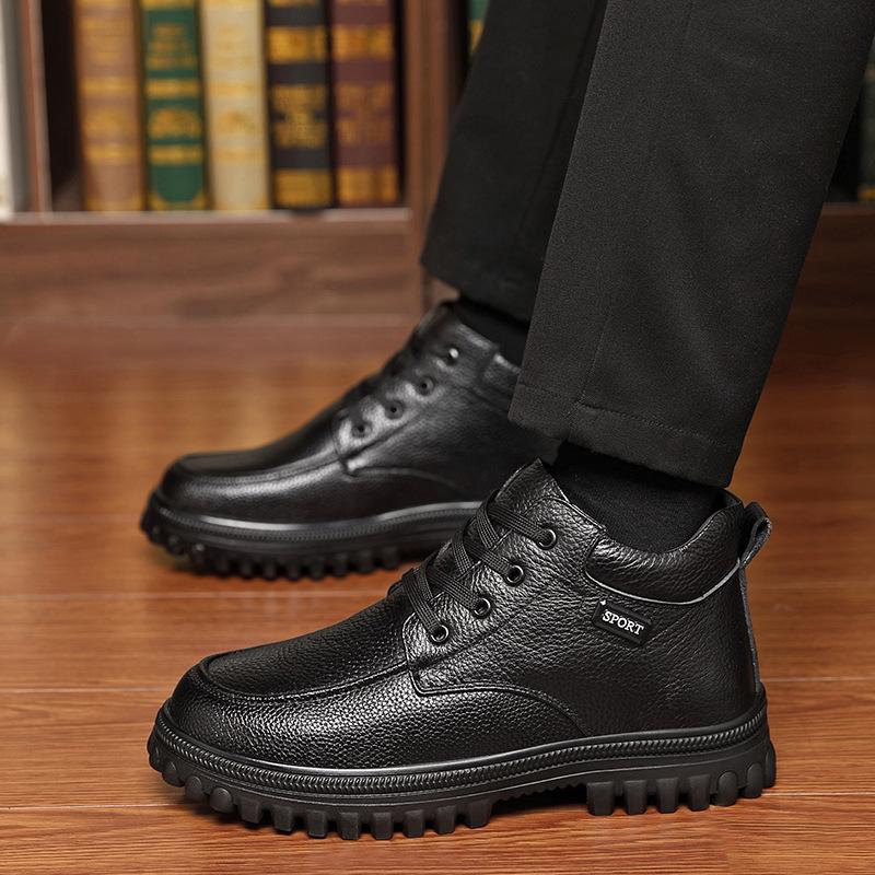 Cotton Shoes Men's High-top Winter Velvet Warm Leather Wool Snow Boots Casual Non-slip Waterproof Wear-resistant Cotton Leather Shoes