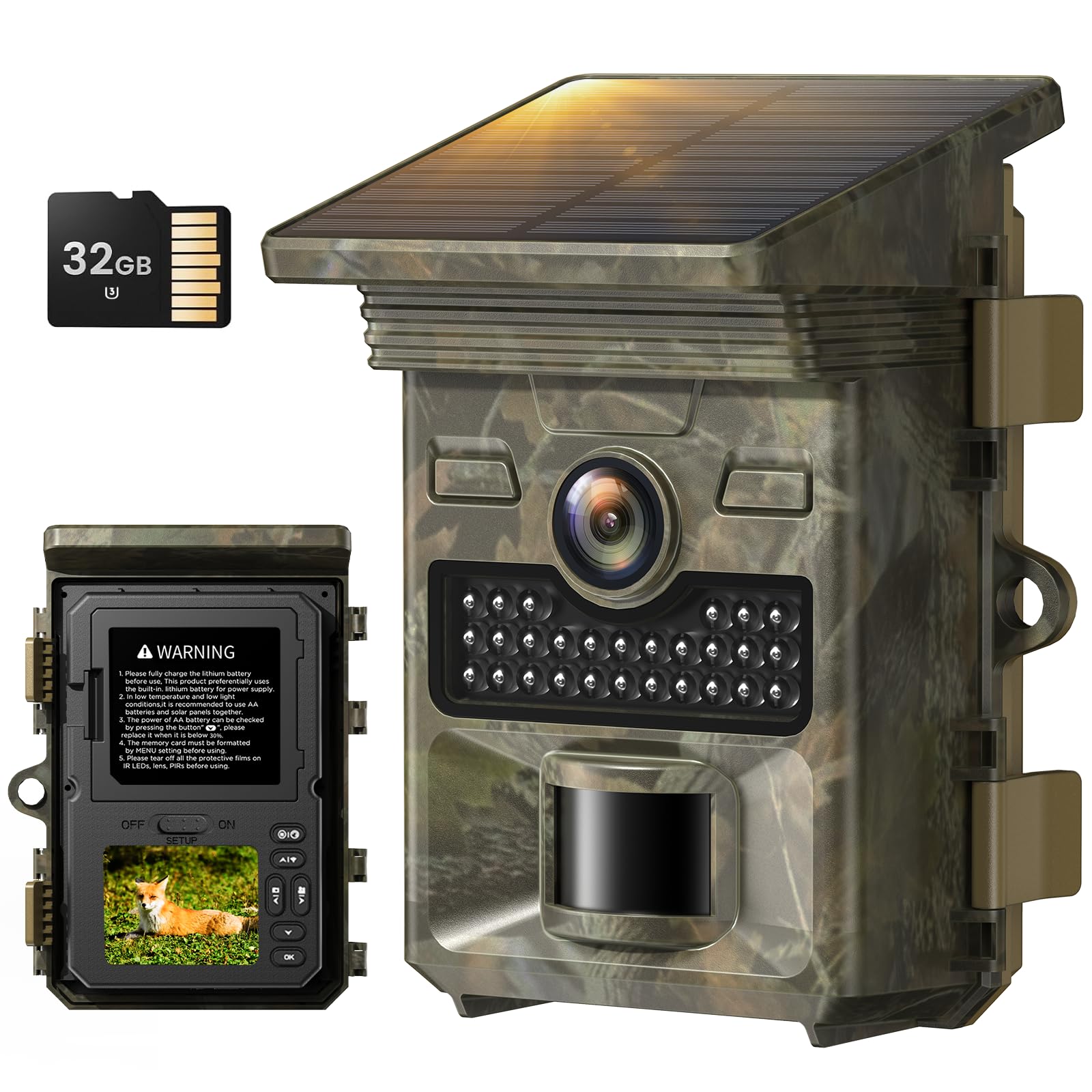 

2025 Найновіший Trail Solar 4K 48MP Security 32GB Micro SD Card Second Class IP66 Waterproof and Indoor Wildlife Surveillance Infrared Night Vision Motion