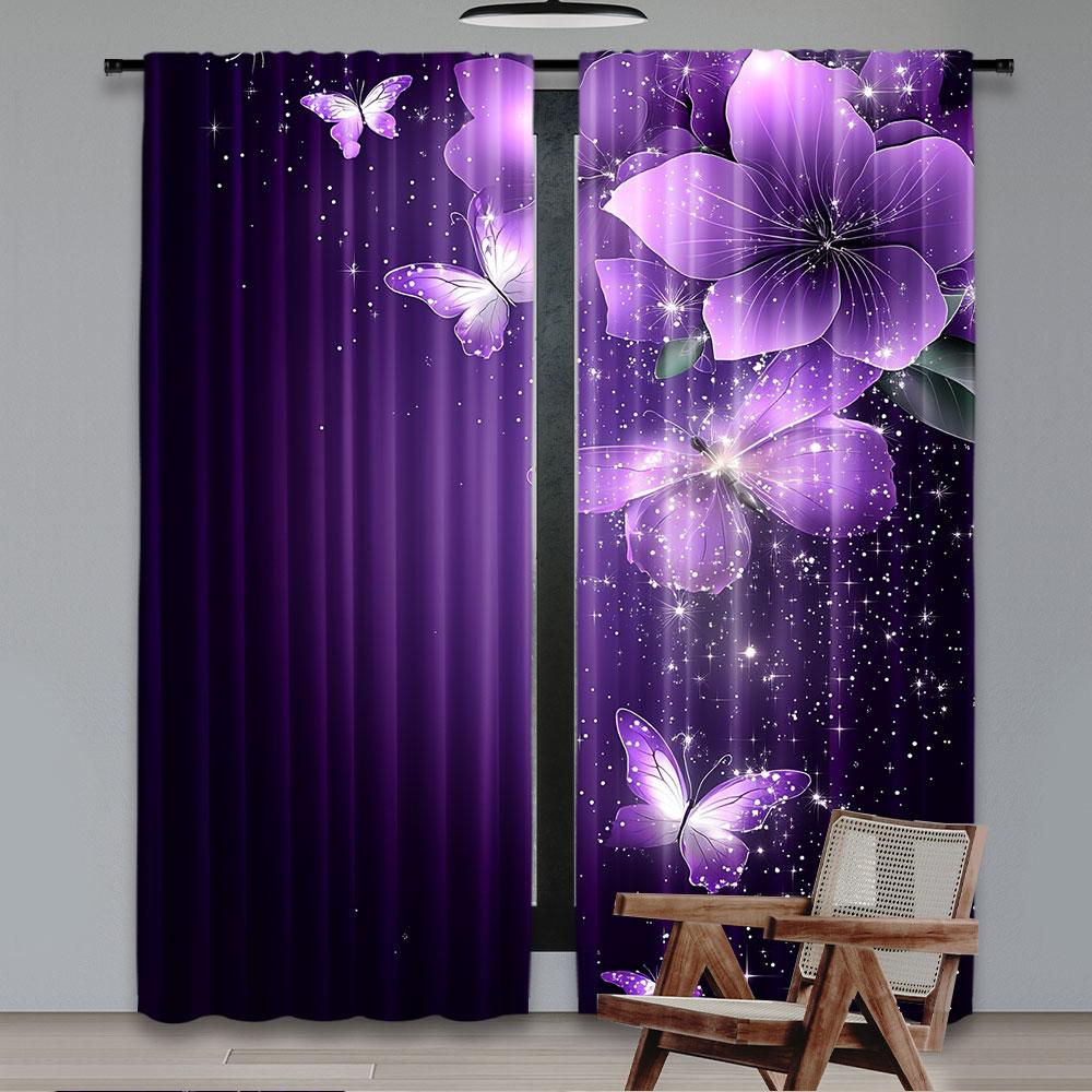 2Pcs Purple Vibrant Dancing Butterflies And Flowers Printed Curtain Suitable For Bedroom Bathroom Living Room Dining Room Study