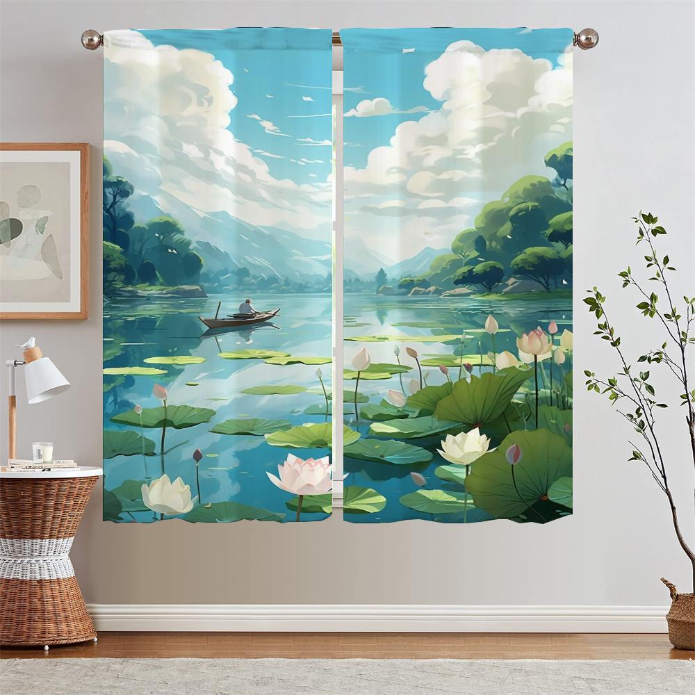 Summer Theme Lotus Pond Kitchen Curtains Livingroom Elegant Room Curtains for Bedroom Decoration Home and Decoration Blackout