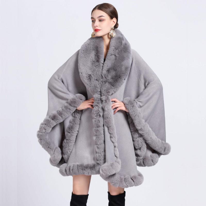 Womens Oversized Knit Cardigan With Faux Rex Rabbit Fur Collar Warm Winter Cape Shawl Coat