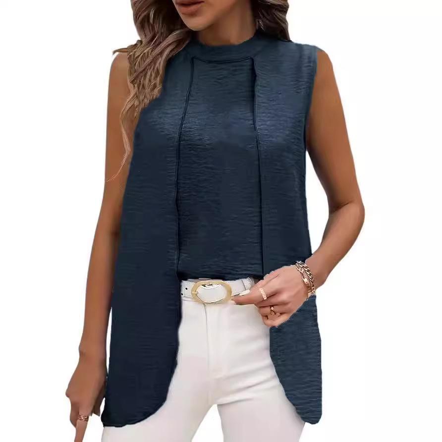 Summer Women's Two Fake Pieces Shirts O-neck Sleeveless Shirt Tops Elegant Solid Blouse Top Femme