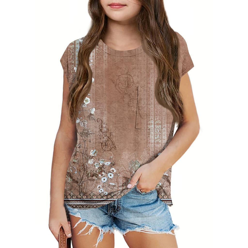 Sommer Rundhals 3D Vintage Floral Bedrucktes Top Modische Lässige Kurzarm Kinder Mädchen T-Shirts