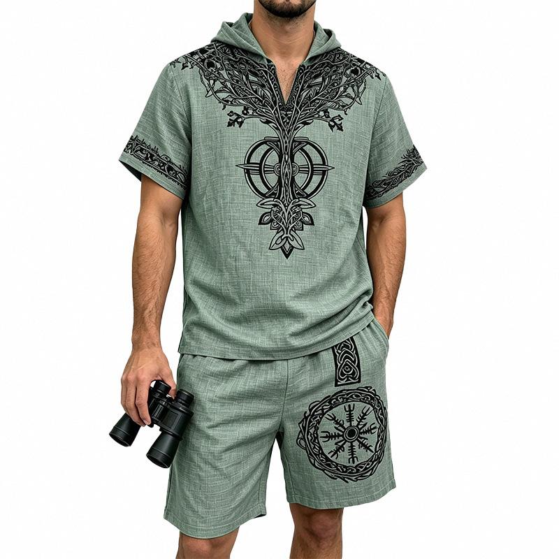 Men's European and American Casual Breathable Bamboo-Linen Hooded Shorts Set