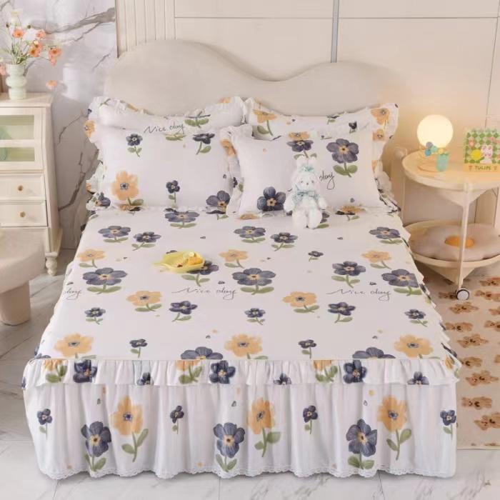 3pcs Sheet Set High Grade 100% Cotton Printed Bedspread King Queen Size Cute Pure Cotton Thick Bed Skirt with 2pcs Pillowcase