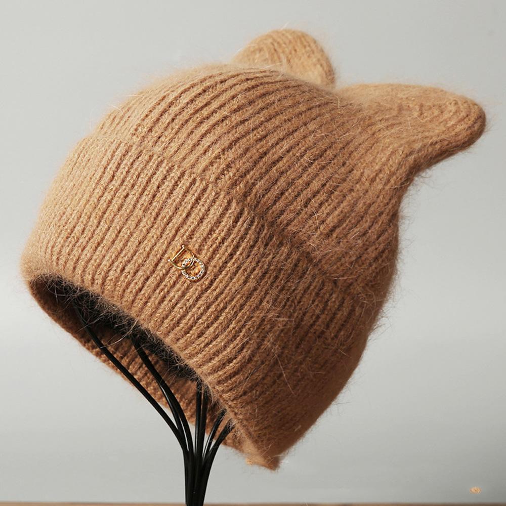 Knit Beanie Hat Fleece Lined Thickened Warm Rabbit Hair Slouchy Solid Color Large Head Size Winter Autumn Women