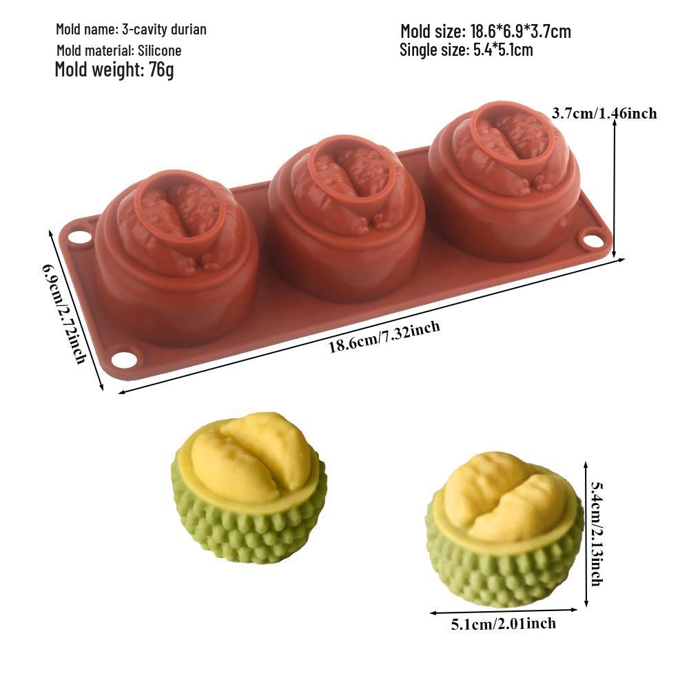 3D Fruchtmousse Silikon Kuchenformen: Birne, Apfel, Ananas, Pfirsich, Durian, Himbeere.