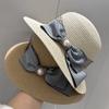 New Simple Hepburn Butterfly Knot Straw Hat Women's Beach Hat French Vintage Pearl Fisherman Sun Hat Bucket Hat