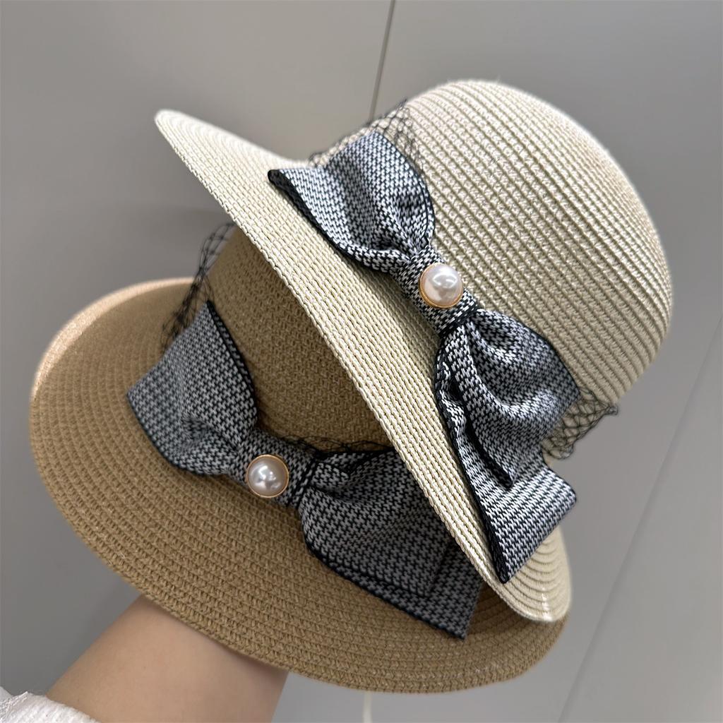 New Simple Hepburn Butterfly Knot Straw Hat Women's Beach Hat French Vintage Pearl Fisherman Sun Hat Bucket Hat