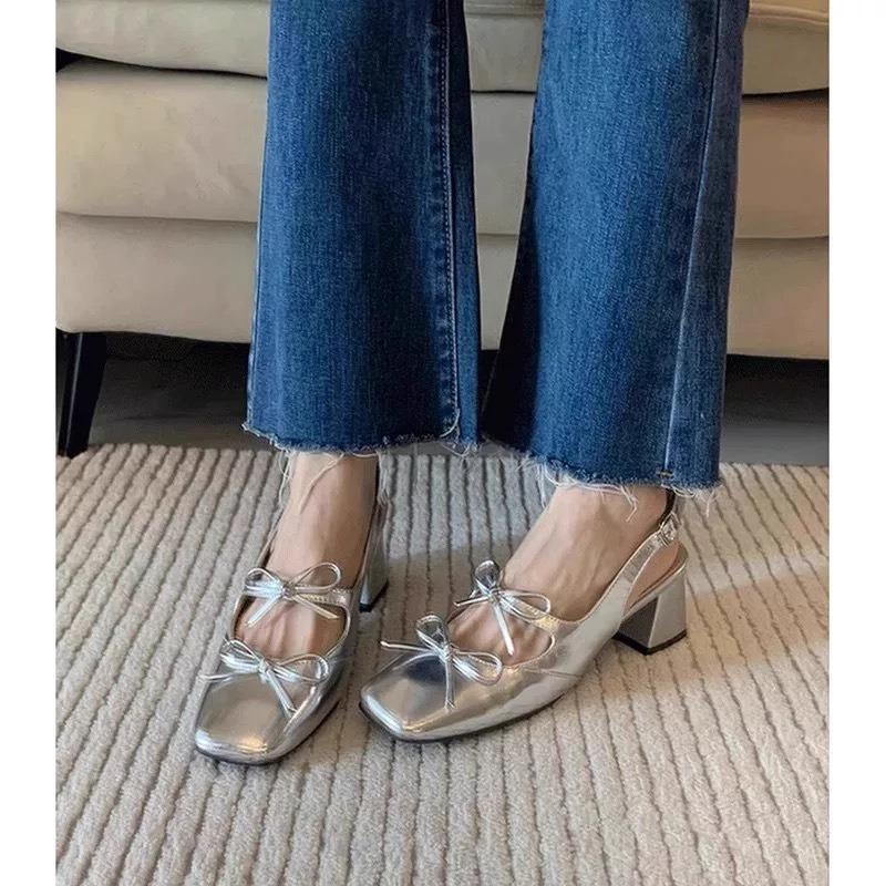 Women's summer outer wear new fashion high-end temperament silver bow thick heel high heel single shoes women's sandals