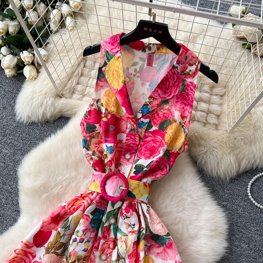 Early spring new dress women's niche elegant suit collar sleeveless waist single-breasted printed pendulum dress