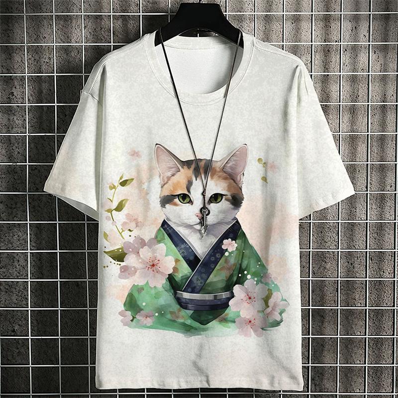 Samurai Pattern T Shirt For Men Cute Cat Animal 3D Printed T-Shirts Summer Short Sleeve Tees Oversized Street Casual Tops