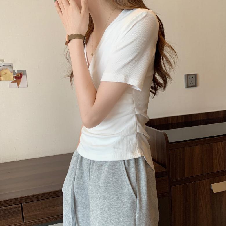 GMXIA Cross V-neck Short-sleeved T-shirt Women Summer Design Sense Slim Thin Short Slim Tops