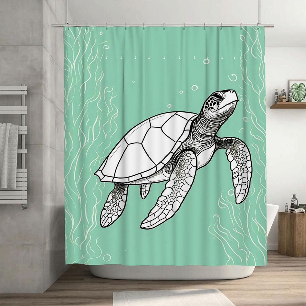 Artistic Sea Turtle Shower Curtain Blue Green Ocean Waves Bubbles Design 3D Printing Waterproof Fabric Home Decor Size Customiza
