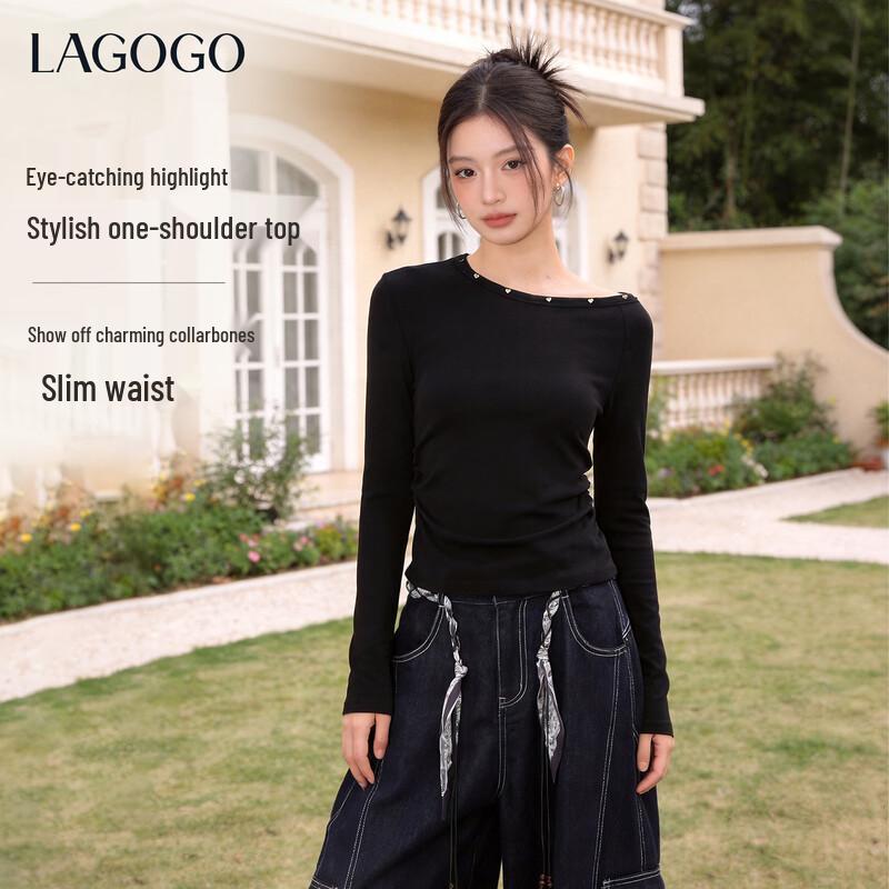 LAGOGO Women s Asymmetrical Collar Beaded Slim-Fit Top L