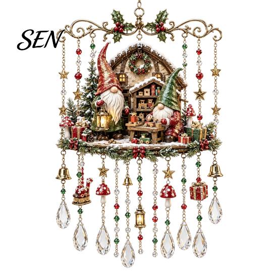 Vintage Christmas Train Pendant Wind Chime with Crystal Bead Chain, Cat Car/Owl Xmas Tree Hanging Decor Pattern Design, Retro Ornament for Home Garden