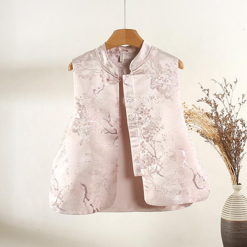 2025 early spring jacquard stand-up collar disc-buckled temperament vest high-end pink versatile top
