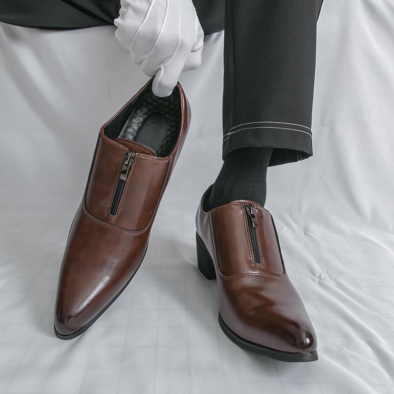Men Loafers Leather Individuality Formal Business Zipper Shoes Pointed Toe Heel Wedding Dress Prom Shoes Over Sized