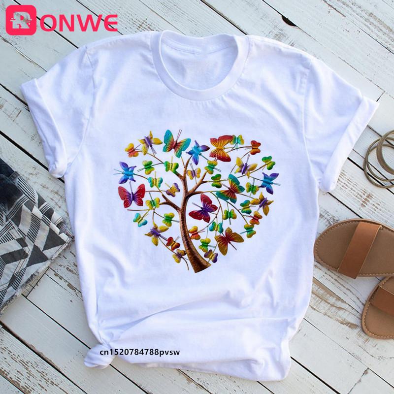 Woman Butterfly Tree 3D Print Harajuku Summer Tshirts Casual Round Neck Short Slee Top T- Shirt